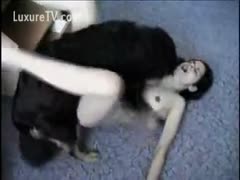 A skinny dieter cumming vigorously while her dog thrashed her narrow slit